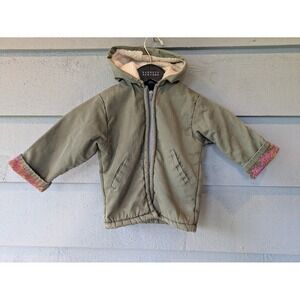 VTG Canvas Hooded Jacket Kids Size 4 Green Fleece Lined Paisley Cuffs Winter 60s